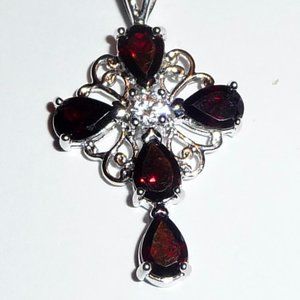 Peora Silver Cross Shaped Garnet Necklace/Pendant